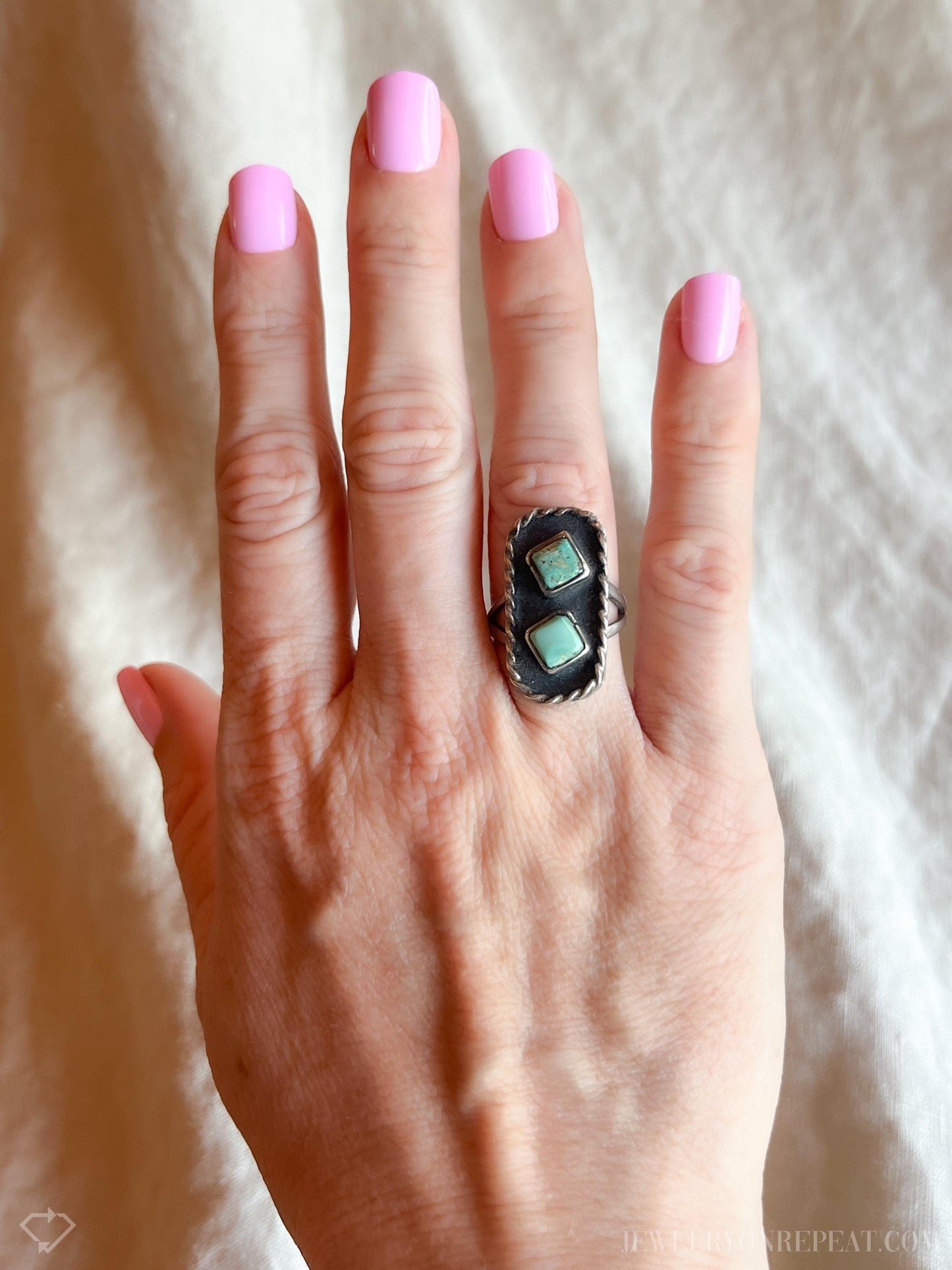 Vintage Turquoise Sterling Silver Double Square Ring, Southwestern Boho Jewelry