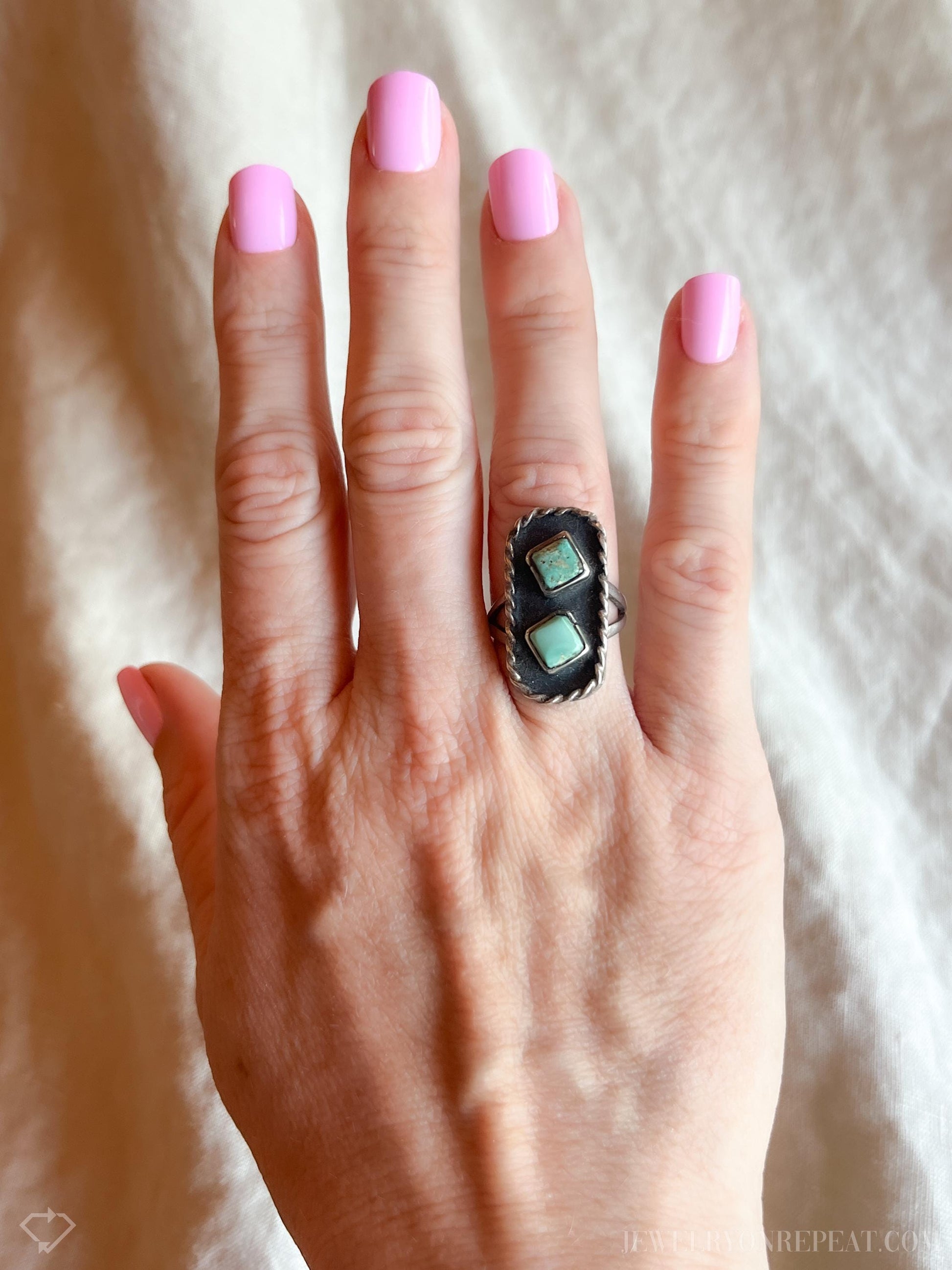 Vintage Turquoise Sterling Silver Double Square Ring, Southwestern Boho Jewelry