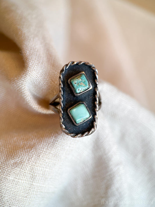 Vintage Turquoise Sterling Silver Double Square Ring, Southwestern Boho Jewelry