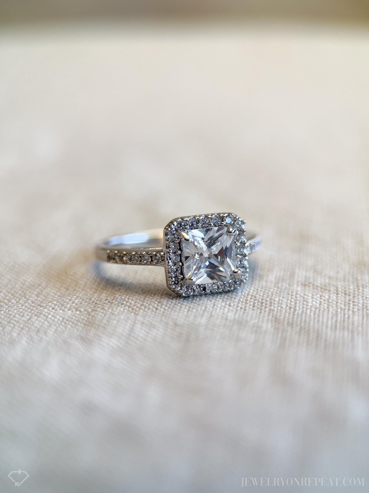 Cubic Zirconia Engagement Ring, Princess Cut, Sterling Silver, Square Halo Prong Setting
