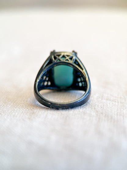 Vintage Larimar Sterling Silver Filigree Statement Ring, Gothic Boho Black Oxidized Jewelry