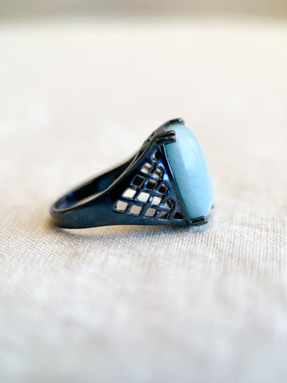 Vintage Larimar Sterling Silver Filigree Statement Ring, Gothic Boho Black Oxidized Jewelry