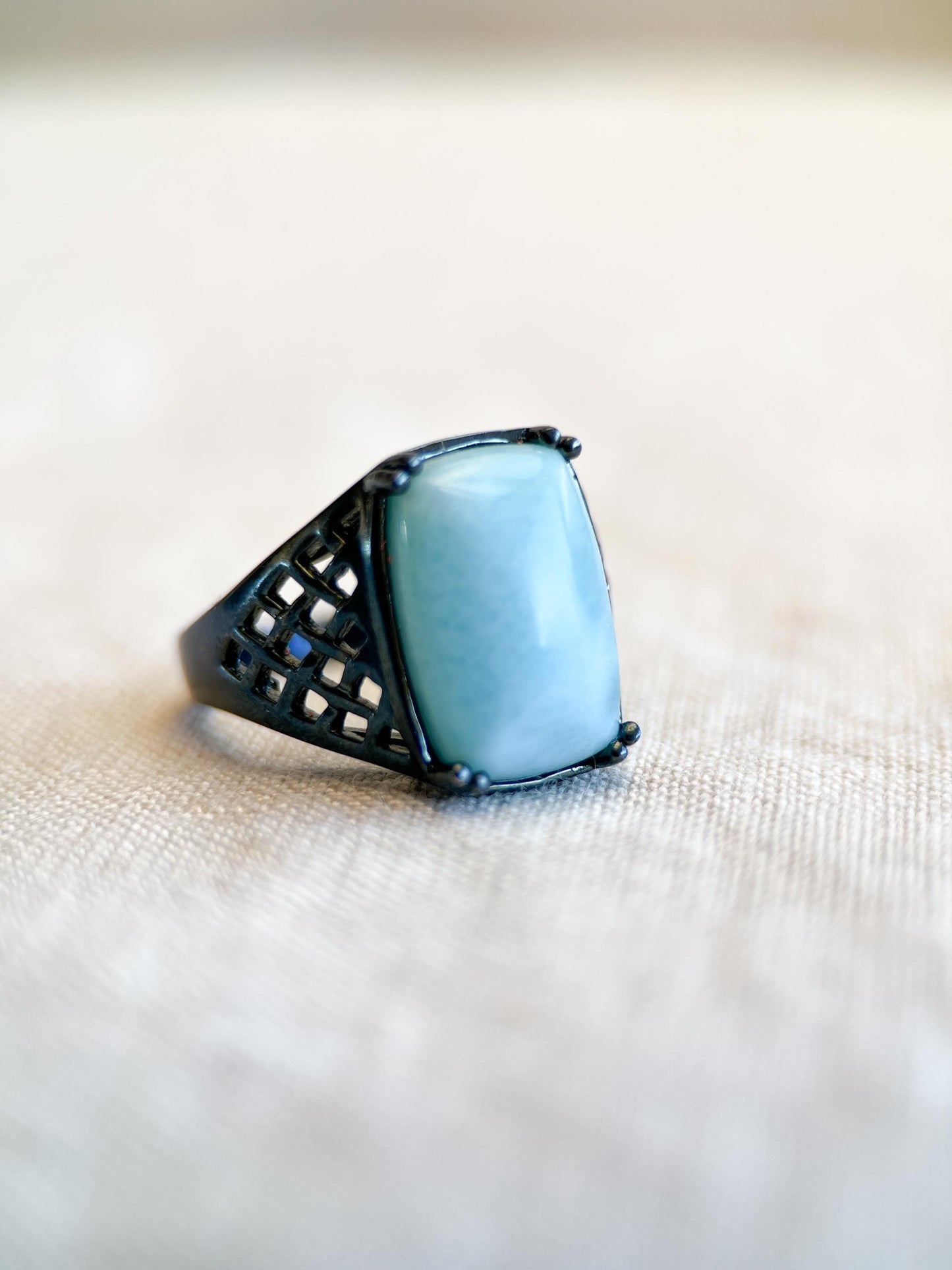 Vintage Larimar Sterling Silver Filigree Statement Ring, Gothic Boho Black Oxidized Jewelry