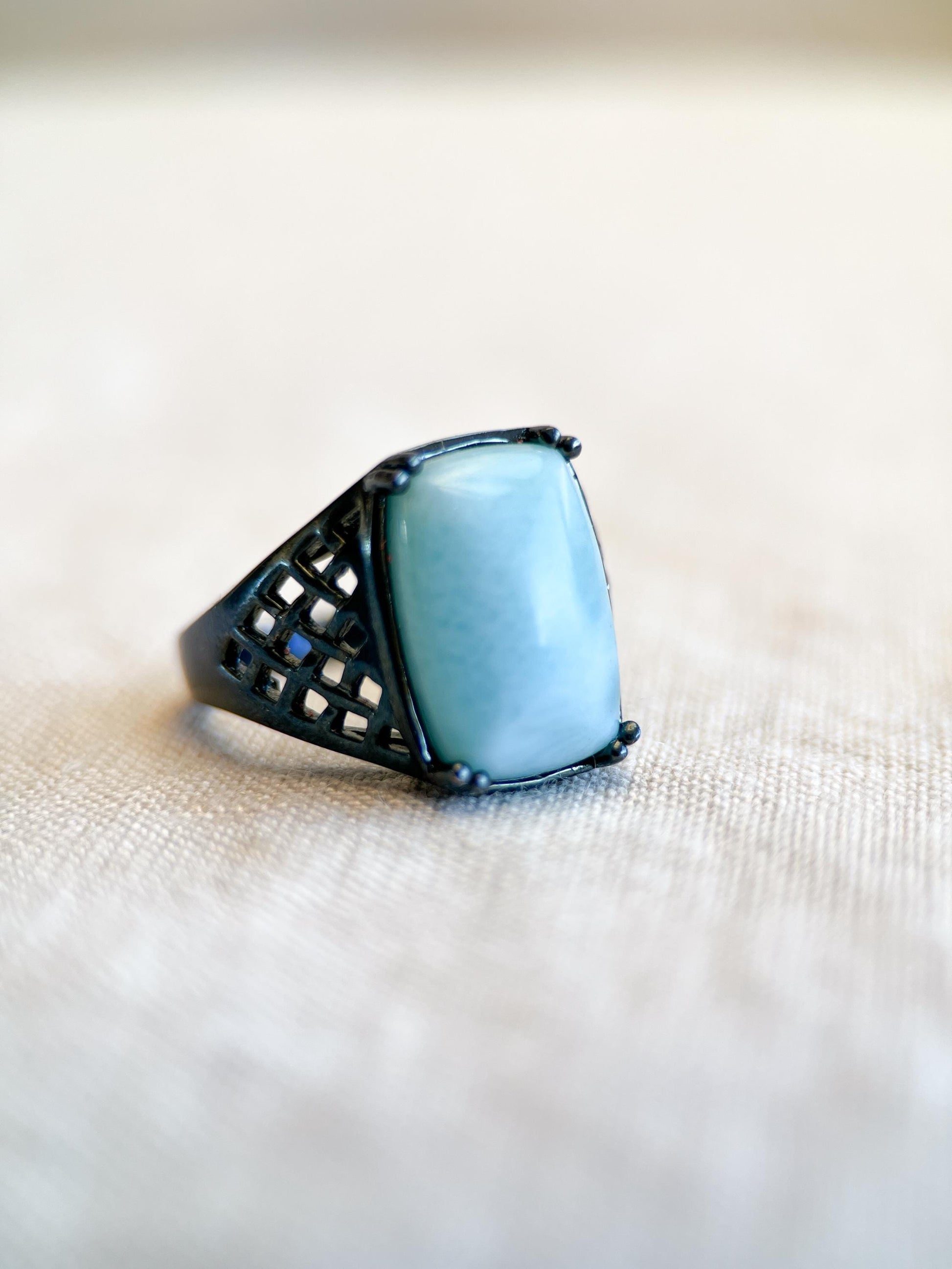 Vintage Larimar Sterling Silver Filigree Statement Ring, Gothic Boho Black Oxidized Jewelry