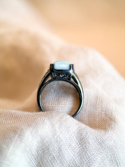 Vintage Larimar Sterling Silver Filigree Statement Ring, Gothic Boho Black Oxidized Jewelry