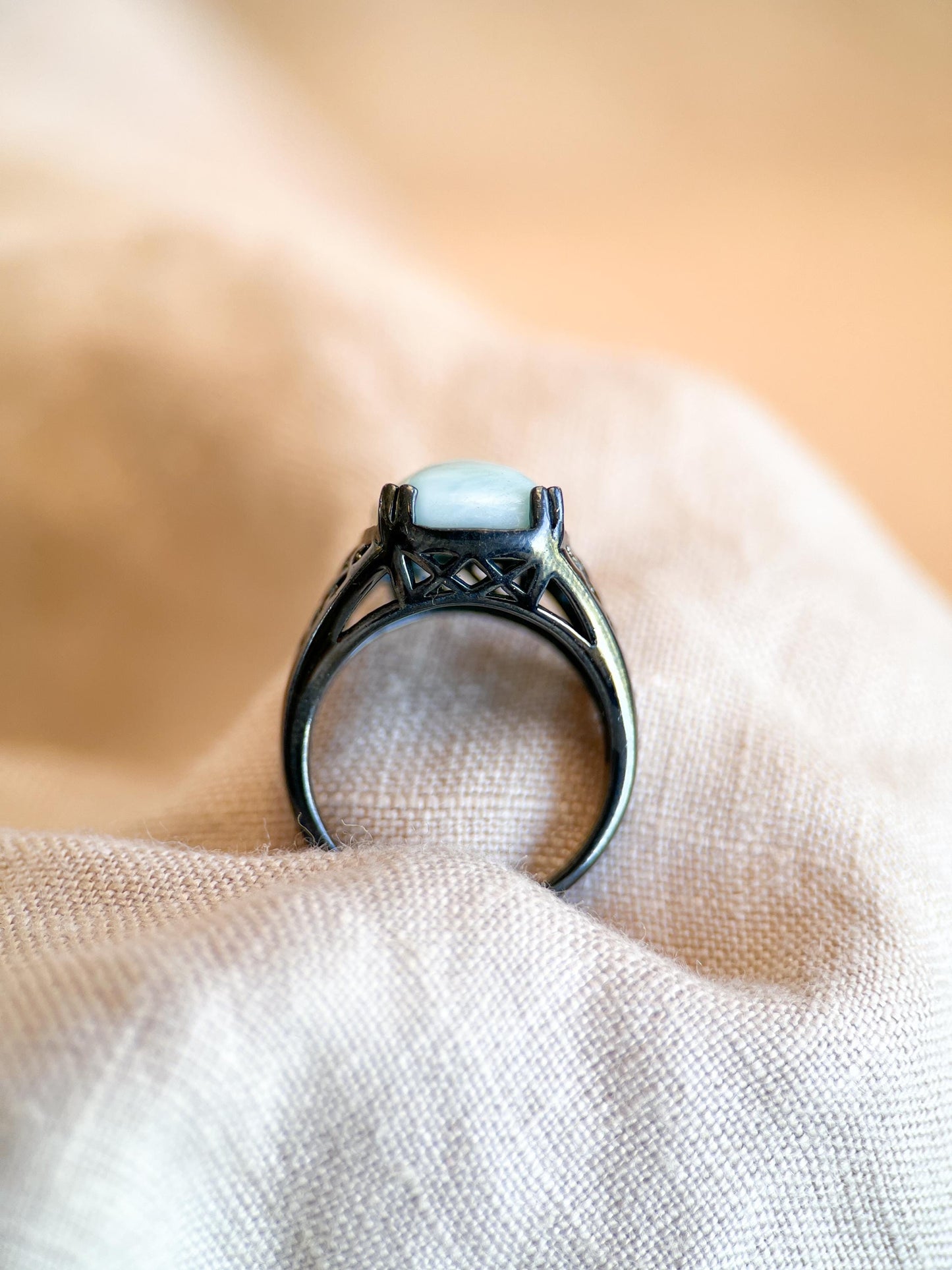 Vintage Larimar Sterling Silver Filigree Statement Ring, Gothic Boho Black Oxidized Jewelry