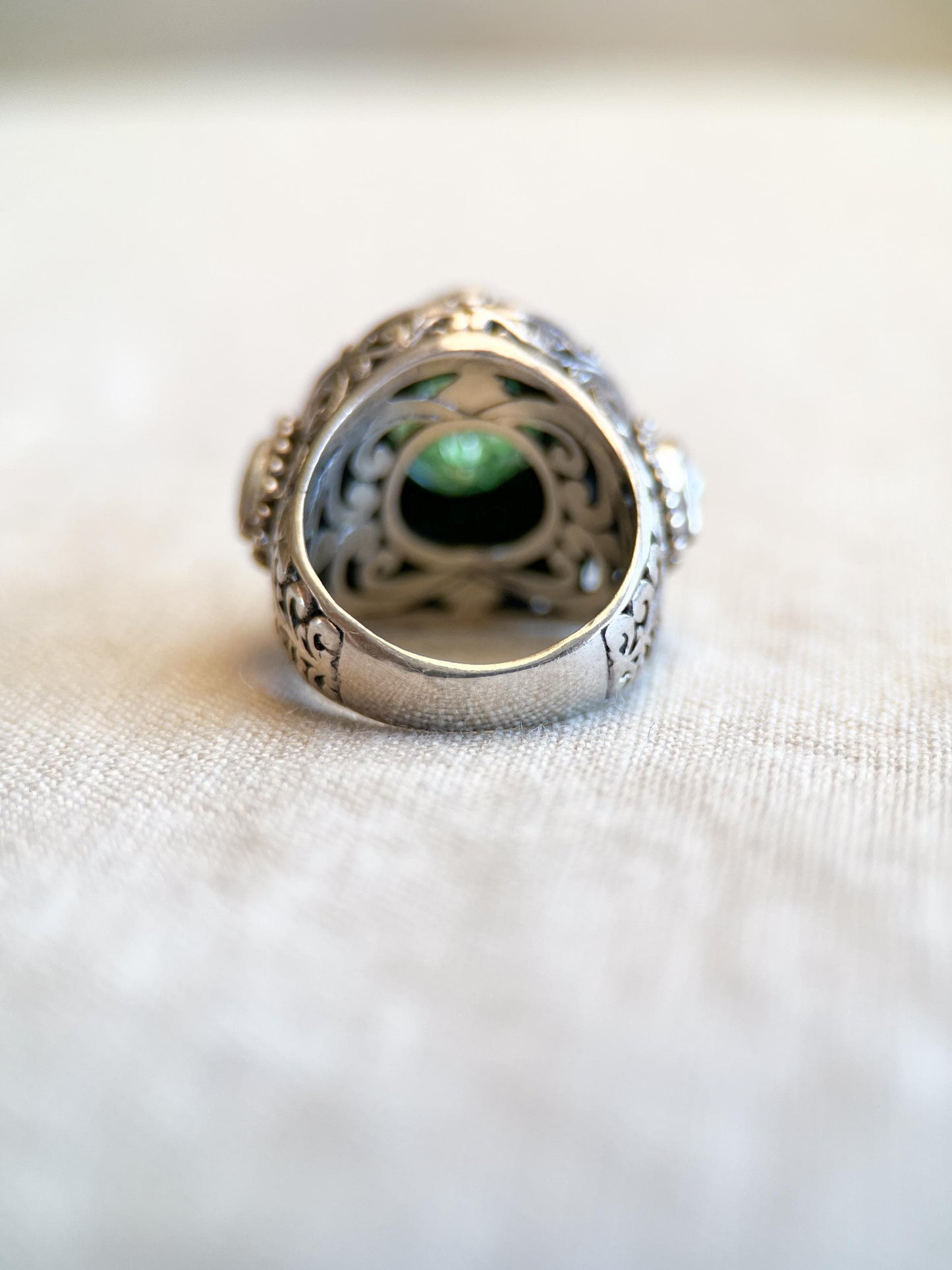 Vintage Sterling Silver Green Quartz Ring, Ornate Boho Filigree Statement Jewelry