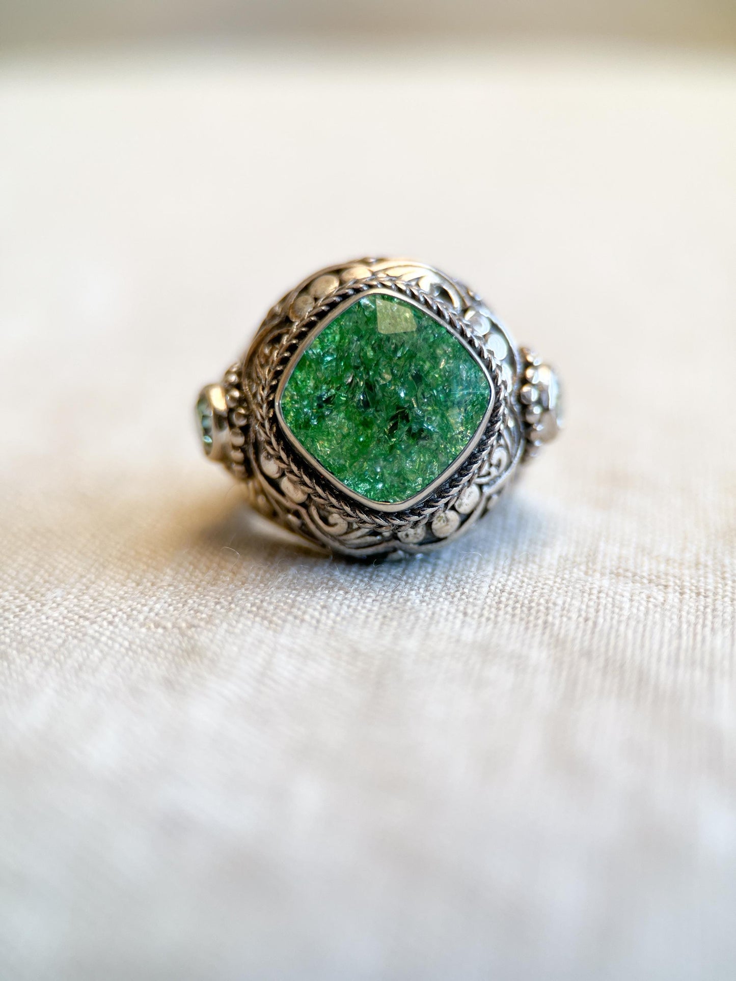 Vintage Sterling Silver Green Quartz Ring, Ornate Boho Filigree Statement Jewelry