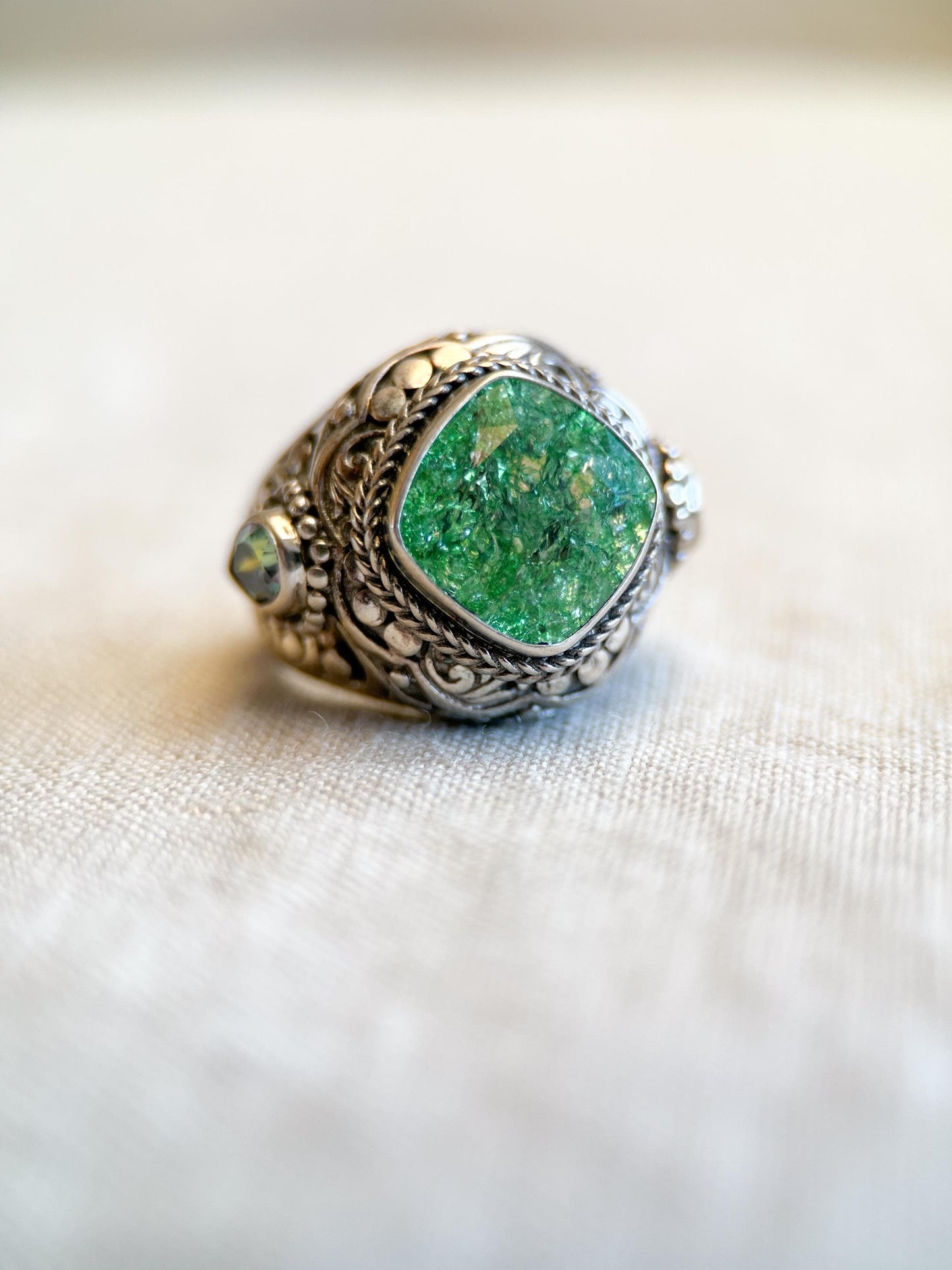 Vintage Sterling Silver Green Quartz Ring, Ornate Boho Filigree Statement Jewelry