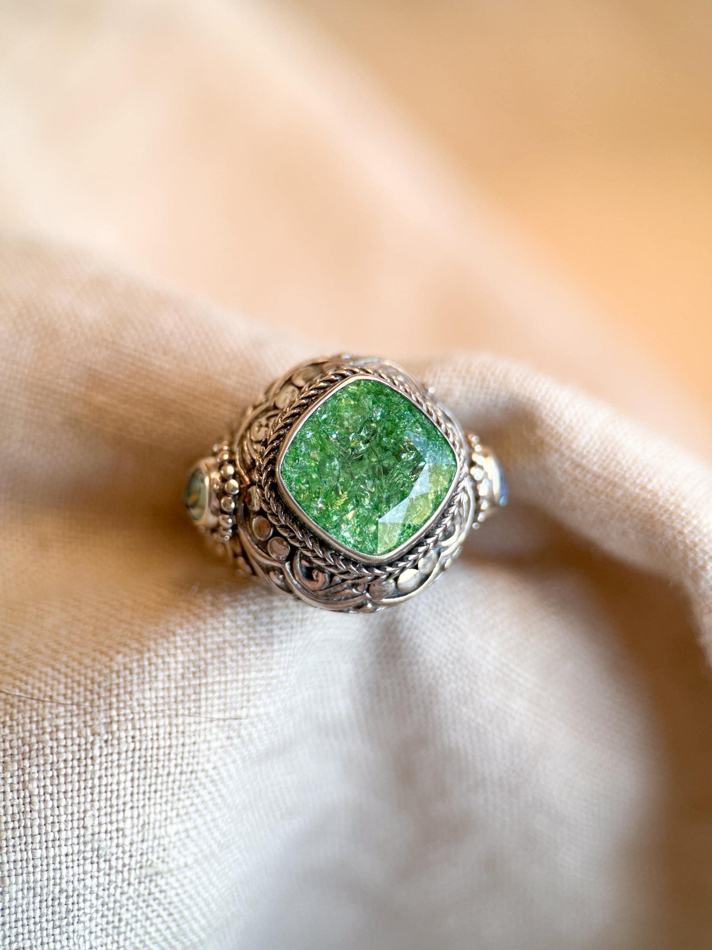 Vintage Sterling Silver Green Quartz Ring, Ornate Boho Filigree Statement Jewelry