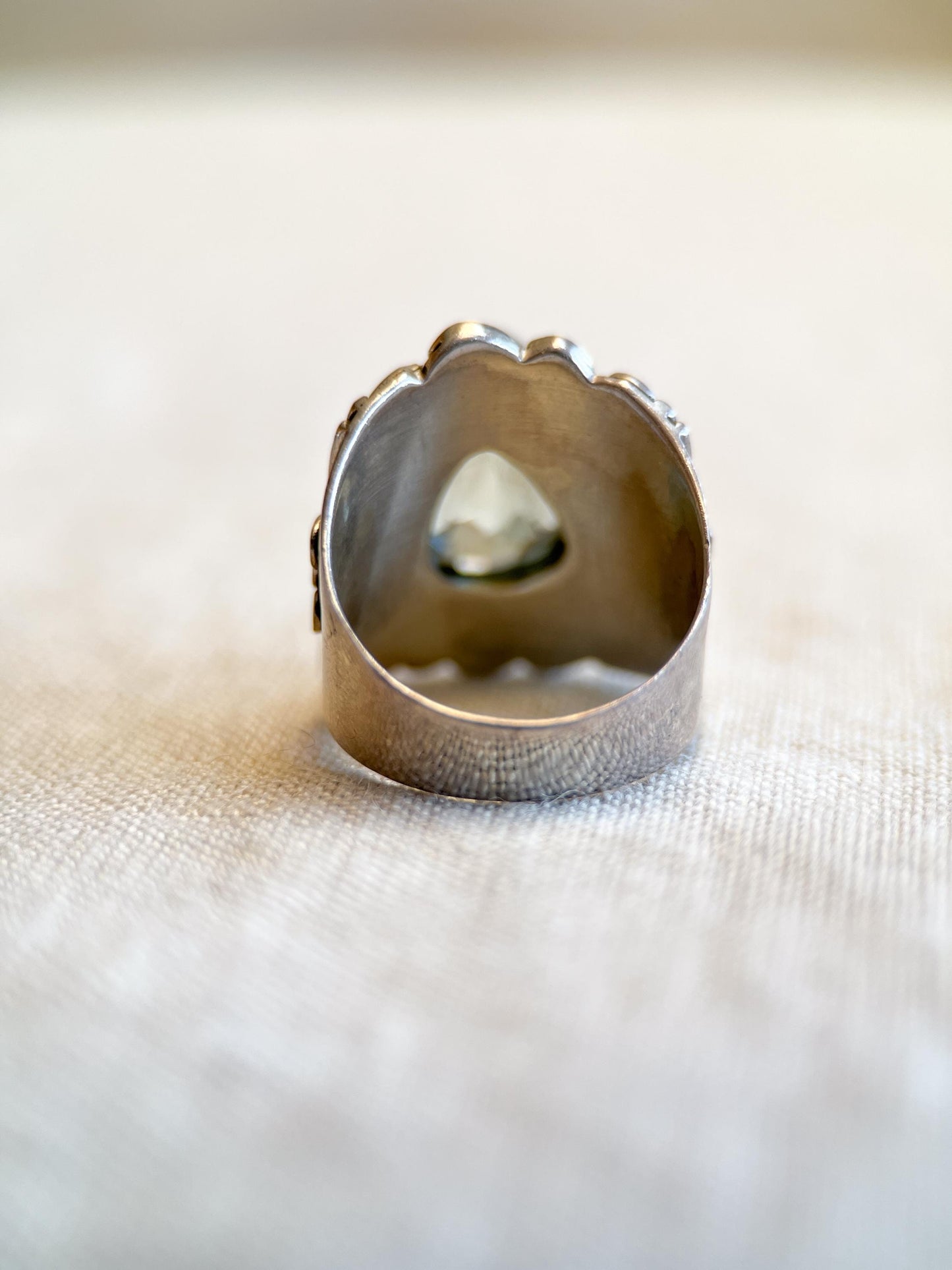 Vintage Pear Prasiolite Ring, Sterling Silver Filigree Boho Statement Jewelry