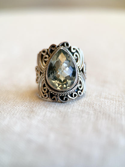 Vintage Pear Prasiolite Ring, Sterling Silver Filigree Boho Statement Jewelry