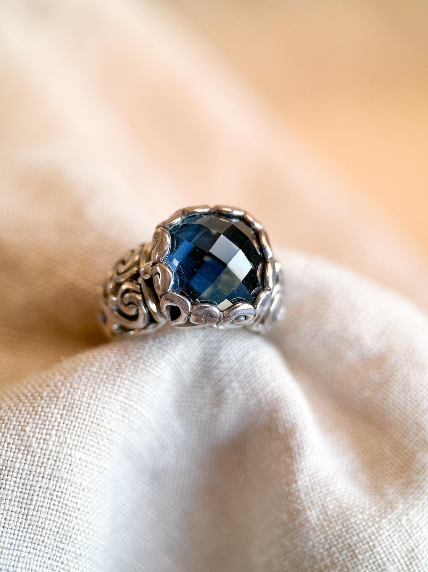Vintage Sterling Silver London Blue Topaz Ring, Filigree Boho Statement Jewelry