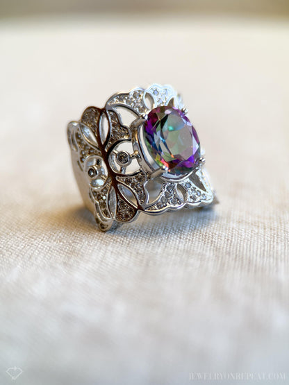 Vintage Mystic Topaz Sterling Silver Ring, Rainbow Filigree Statement Boho Jewelry