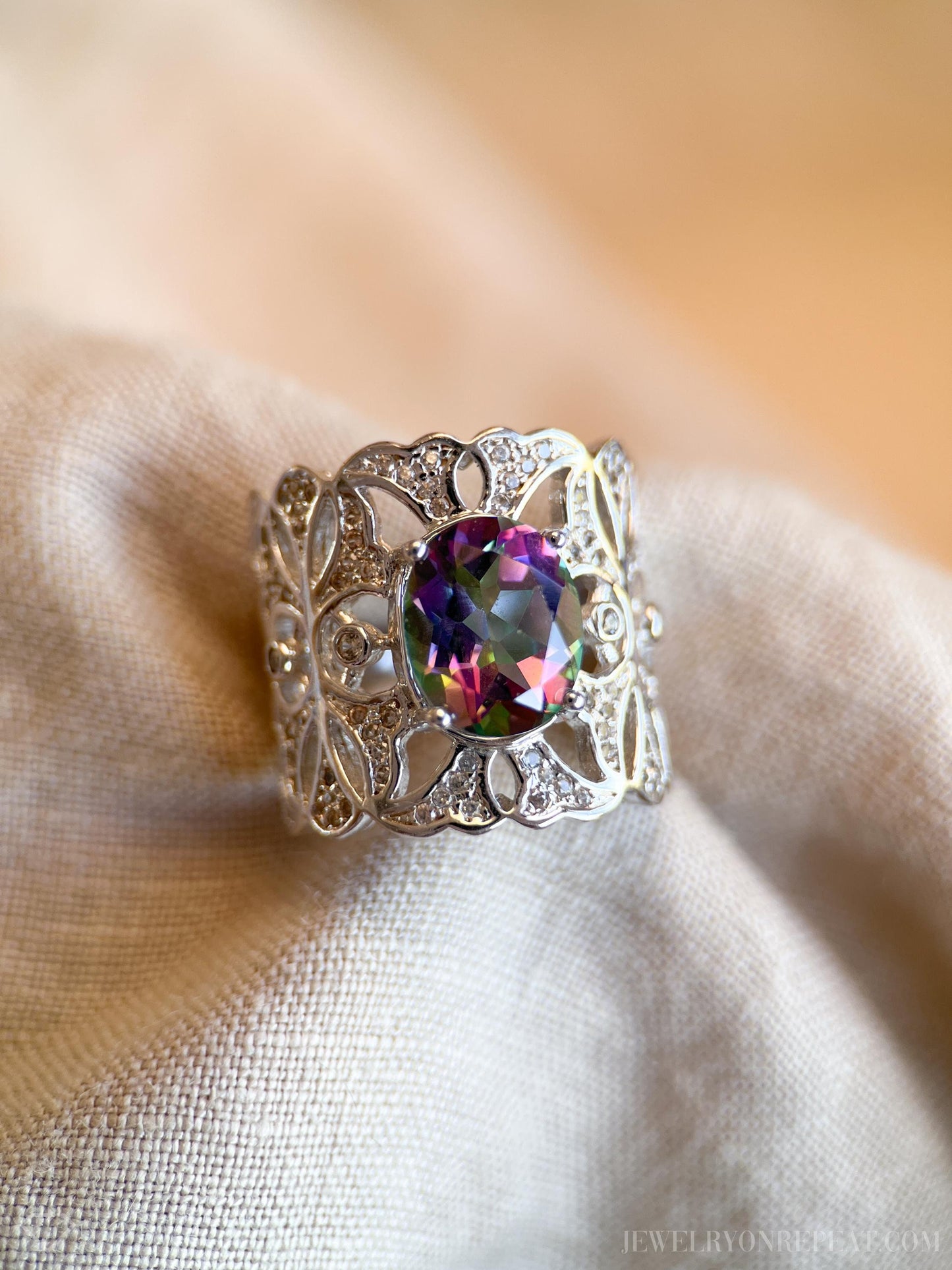 Vintage Mystic Topaz Sterling Silver Ring, Rainbow Filigree Statement Boho Jewelry
