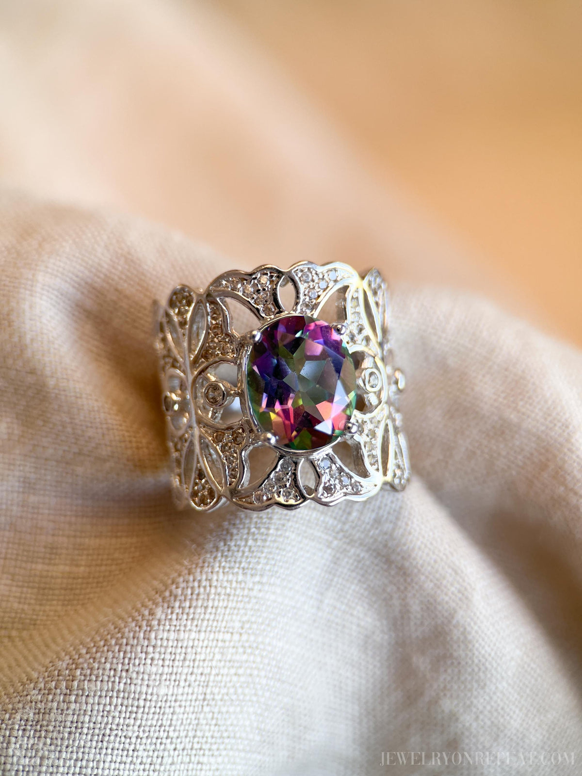 Vintage Mystic Topaz Sterling Silver Ring, Rainbow Filigree Statement Boho Jewelry