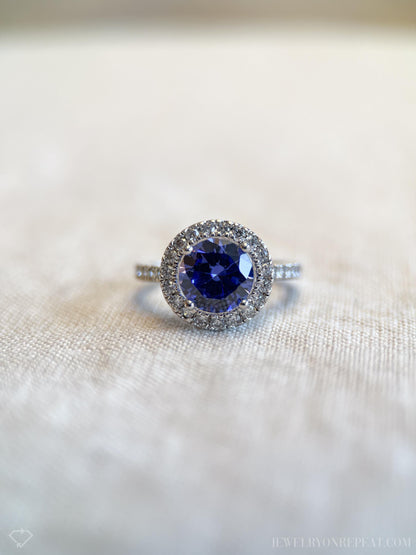 Vintage Cubic Zirconia Engagement Ring, Round Cut, Sterling Silver, 2000s Purple Halo Design