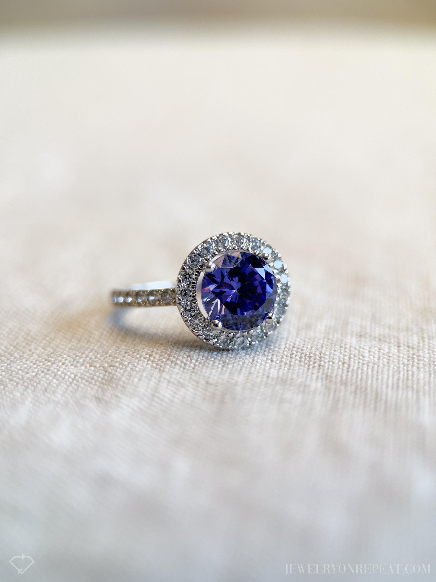 Vintage Cubic Zirconia Engagement Ring, Round Cut, Sterling Silver, 2000s Purple Halo Design