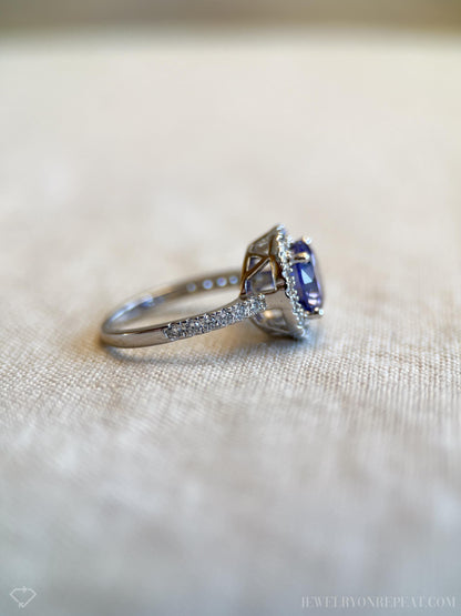 Vintage Cubic Zirconia Engagement Ring, Round Cut, Sterling Silver, 2000s Purple Halo Design