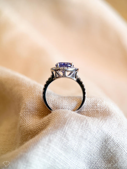 Vintage Cubic Zirconia Engagement Ring, Round Cut, Sterling Silver, 2000s Purple Halo Design