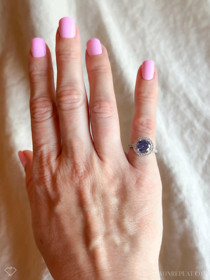 Vintage Cubic Zirconia Engagement Ring, Round Cut, Sterling Silver, 2000s Purple Halo Design