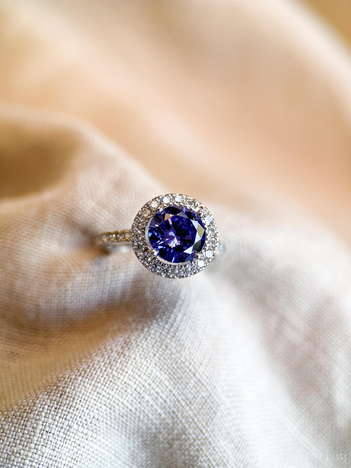 Vintage Cubic Zirconia Engagement Ring, Round Cut, Sterling Silver, 2000s Purple Halo Design