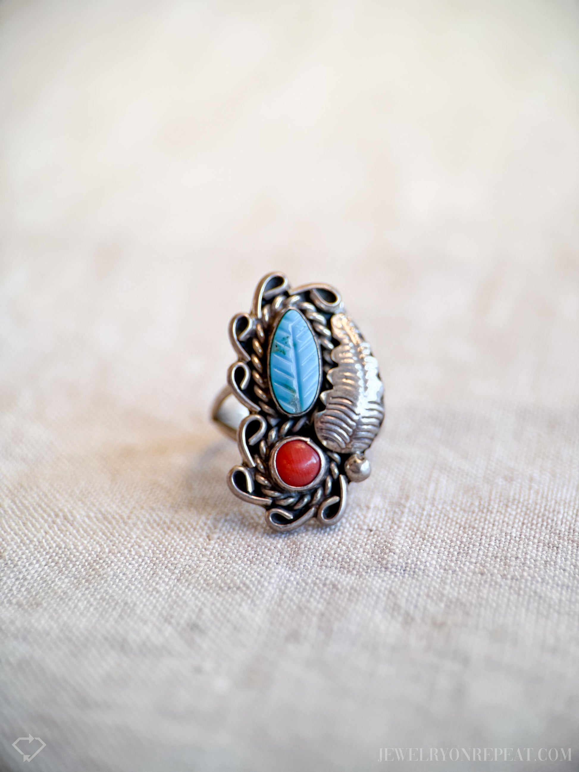 Vintage Turquoise and Coral Ring Sterling Silver, Southwestern Statement Ring, Boho Everyday Jewelry