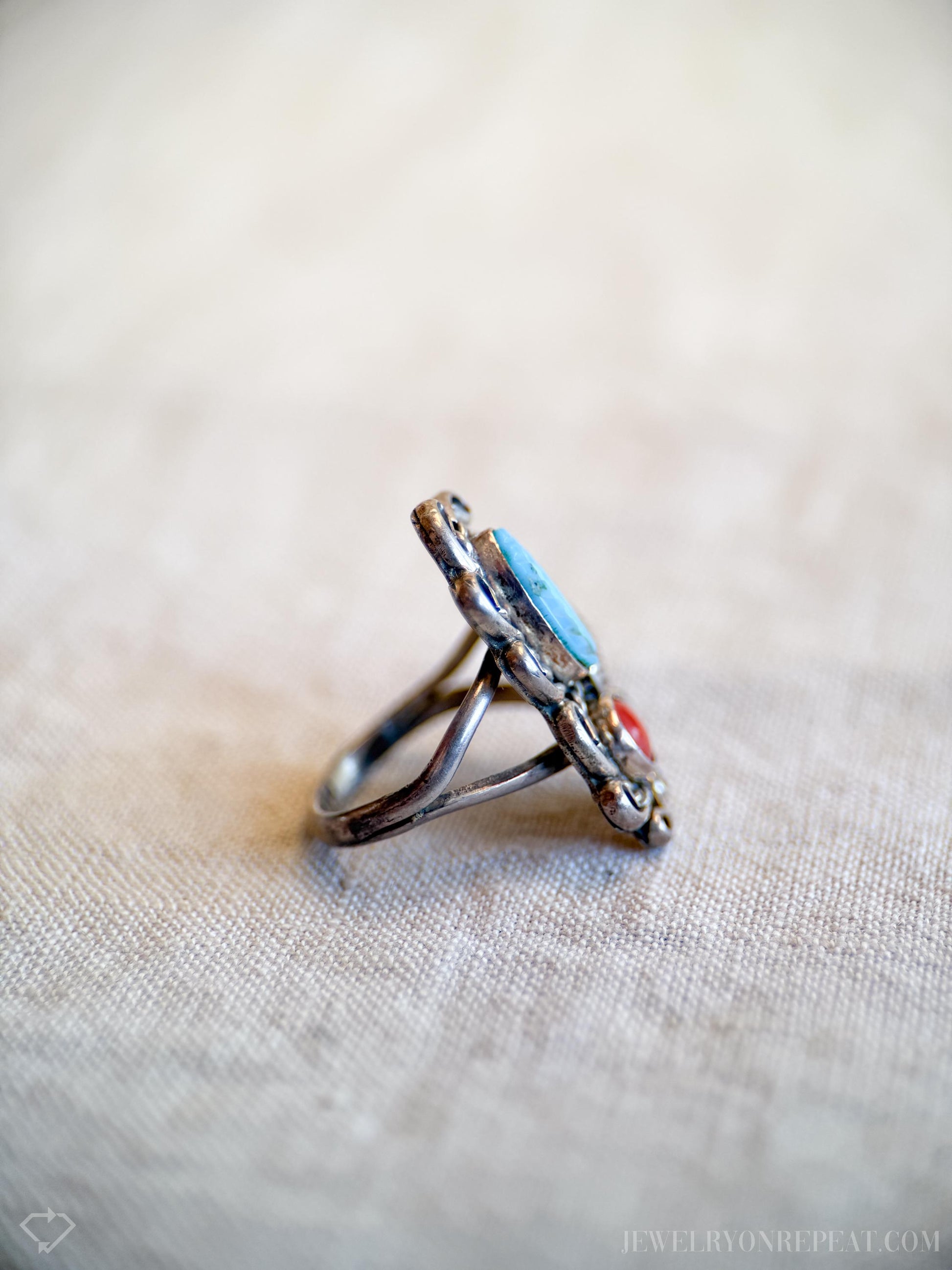 Vintage Turquoise and Coral Ring Sterling Silver, Southwestern Statement Ring, Boho Everyday Jewelry