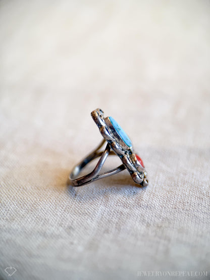 Vintage Turquoise and Coral Ring Sterling Silver, Southwestern Statement Ring, Boho Everyday Jewelry
