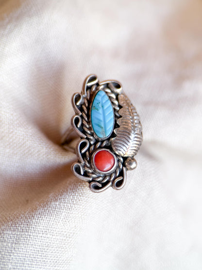 Vintage Turquoise and Coral Ring Sterling Silver, Southwestern Statement Ring, Boho Everyday Jewelry