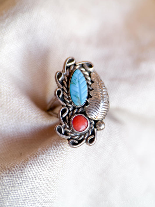 Vintage Turquoise and Coral Ring Sterling Silver, Southwestern Statement Ring, Boho Everyday Jewelry