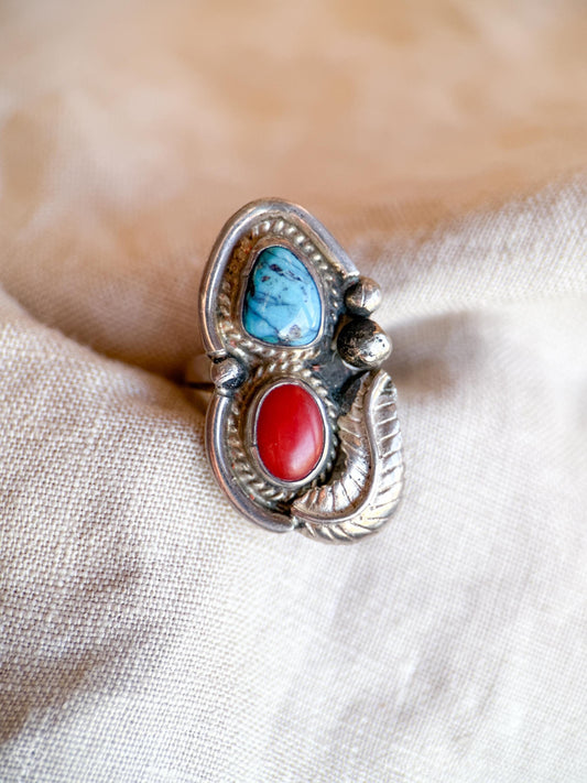 Vintage Turquoise and Coral Gemstone Ring in Sterling Silver