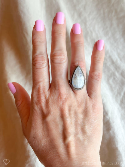 Vintage Teardrop Moonstone Ring, Sterling Silver Boho Statement Jewelry
