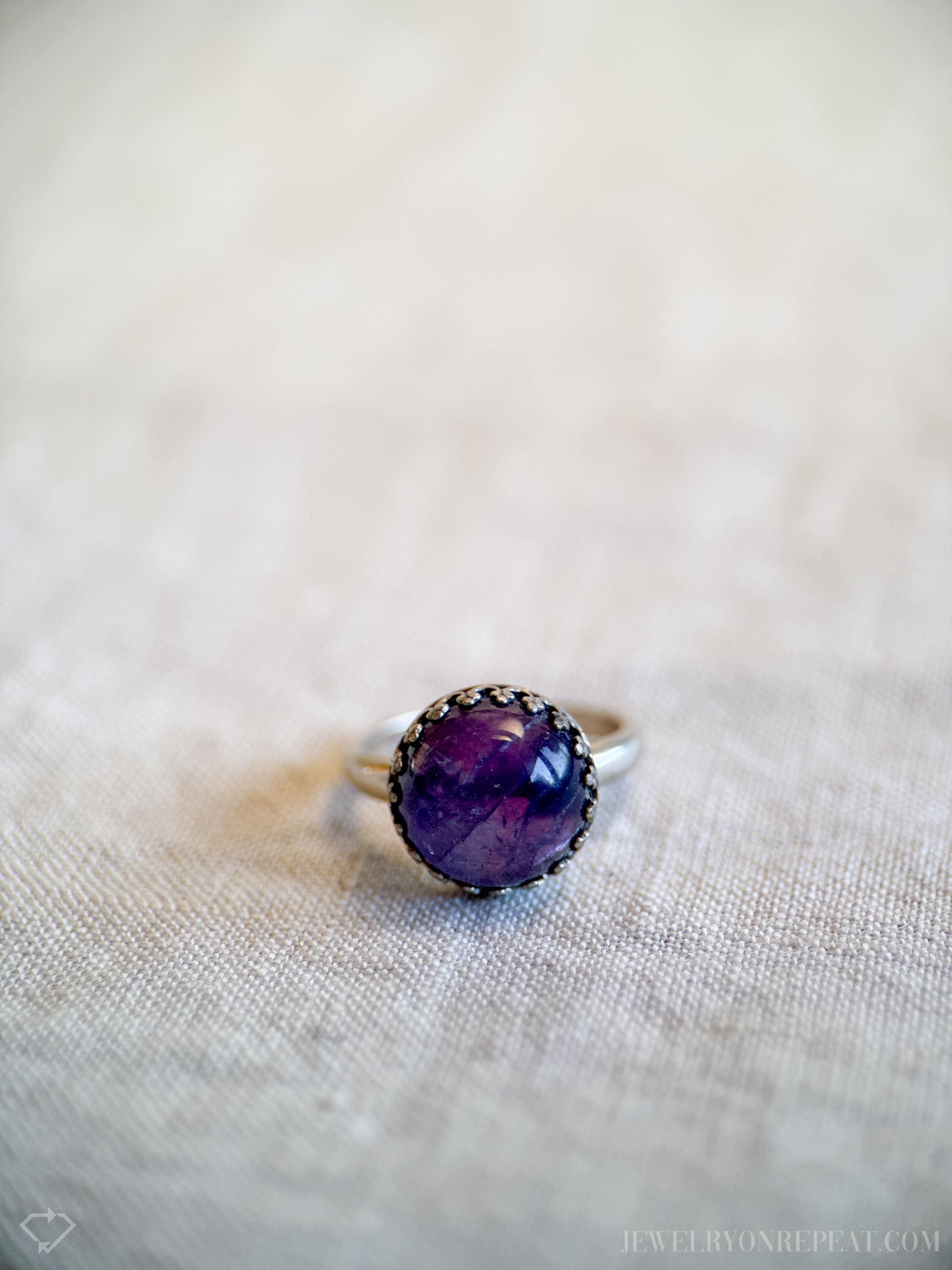 Vintage Amethyst Ring Sterling Silver, Round Cabochon Statement Ring, Boho Everyday Jewelry