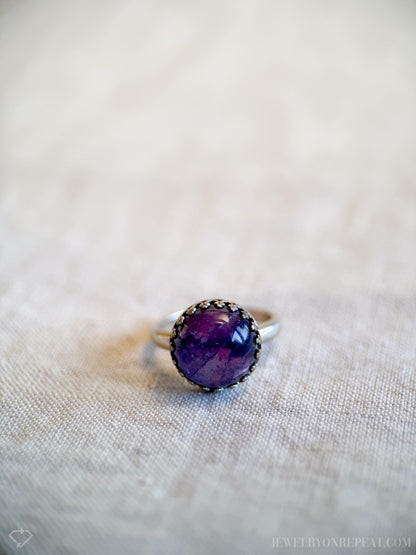 Vintage Amethyst Ring Sterling Silver, Round Cabochon Statement Ring, Boho Everyday Jewelry