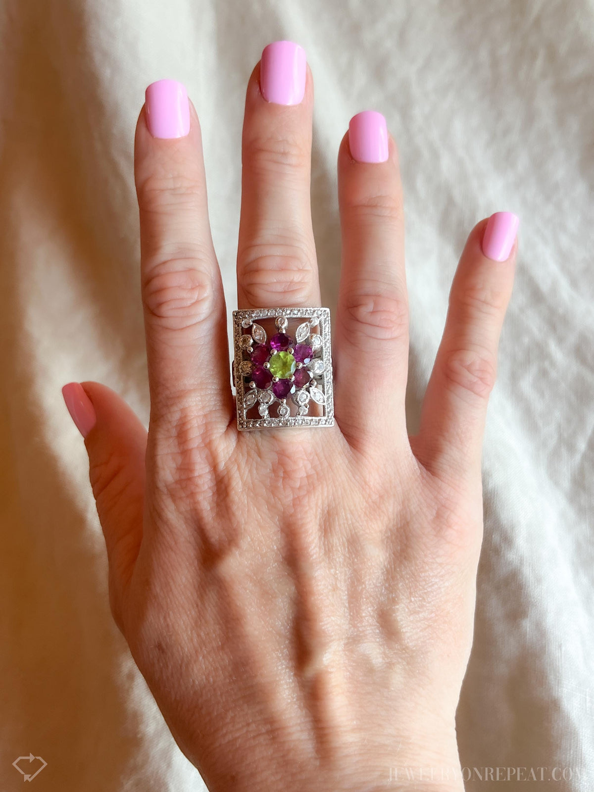 Vintage Floral Sterling Silver Ring, Statement Boho Purple Gemstone Jewelry