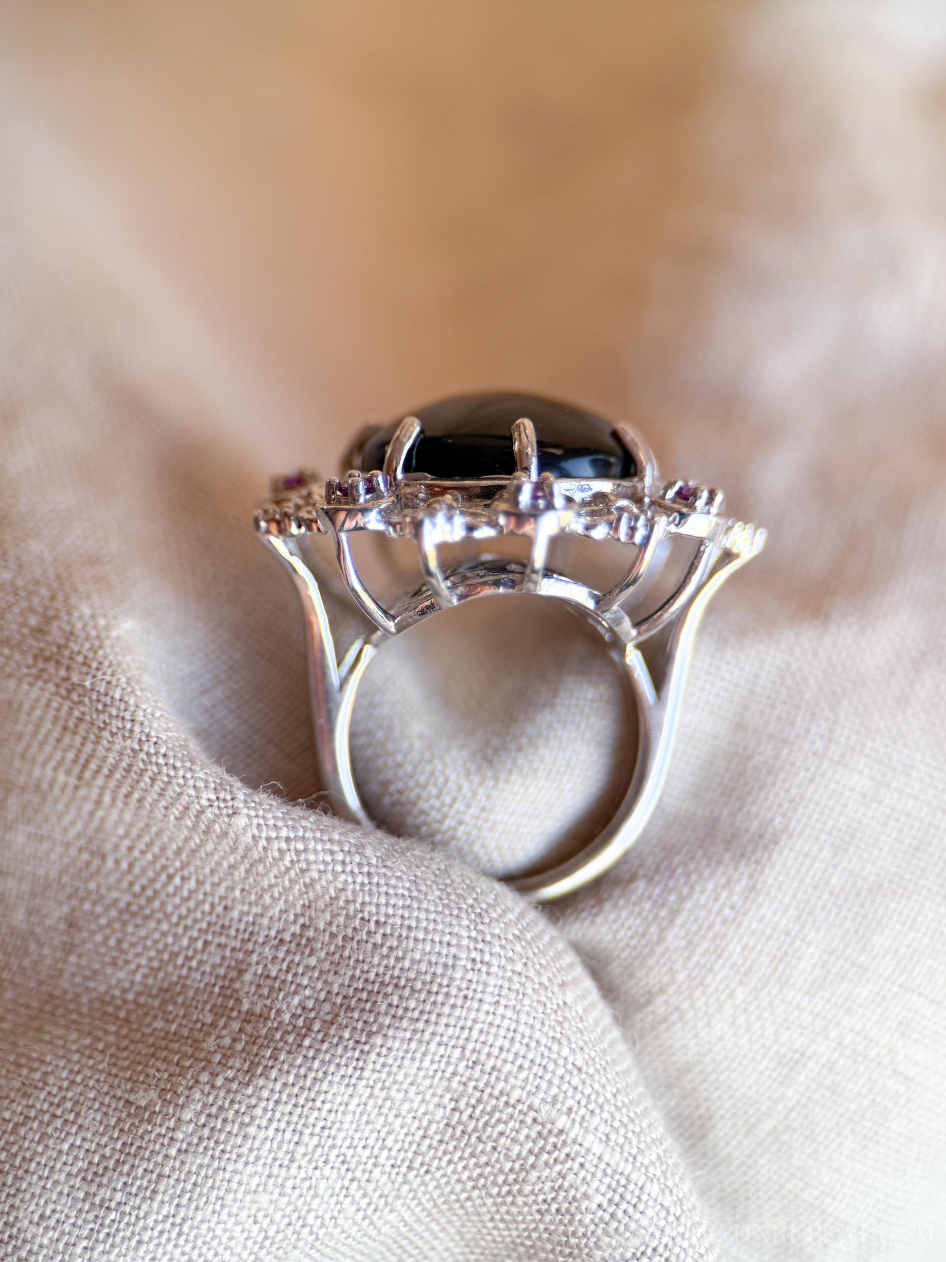 Vintage Sterling Silver Onyx Halo Ring, Boho Statement Jewelry