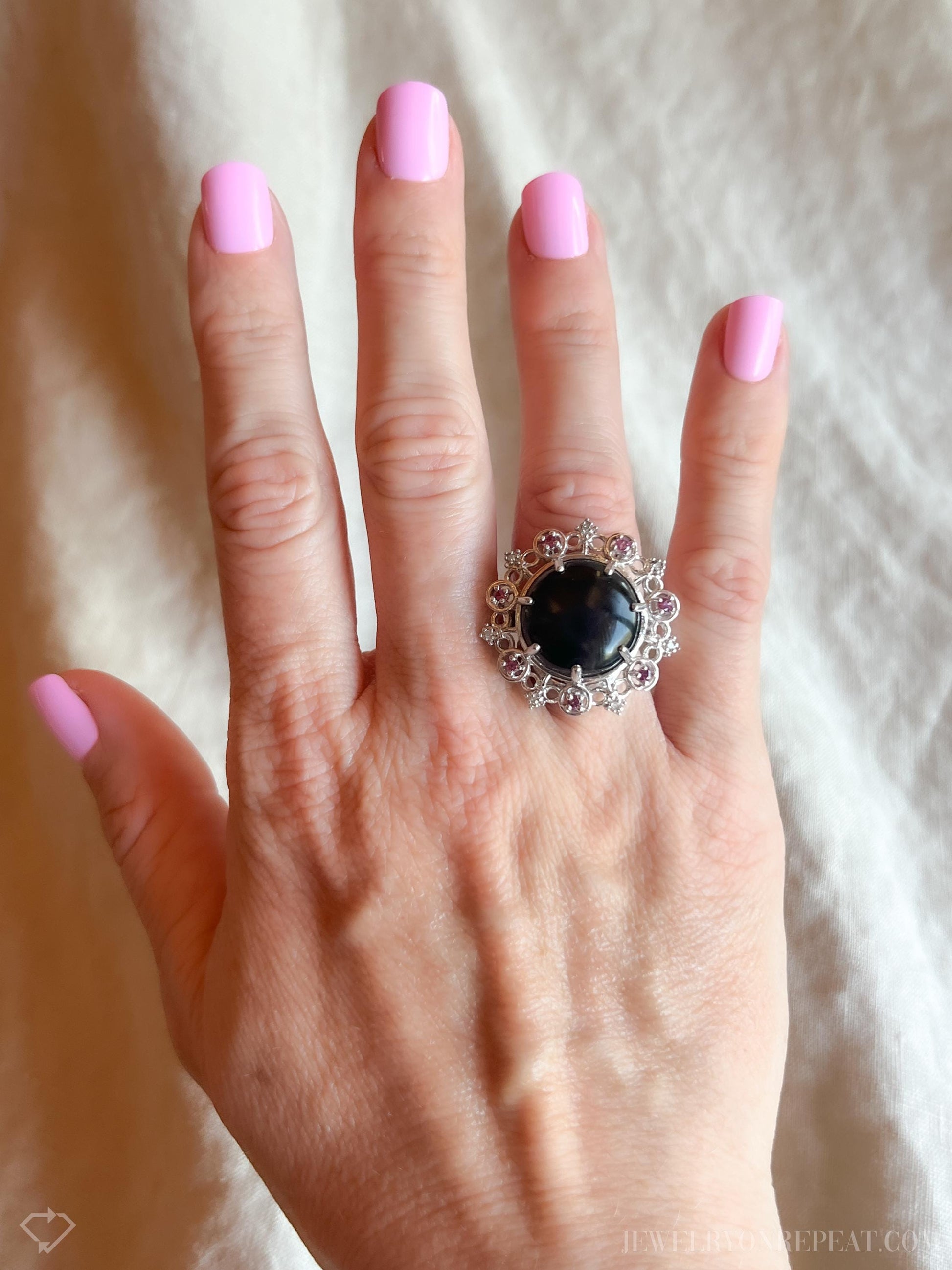 Vintage Sterling Silver Onyx Halo Ring, Boho Statement Jewelry