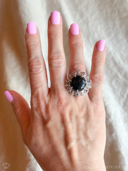 Vintage Sterling Silver Onyx Halo Ring, Boho Statement Jewelry