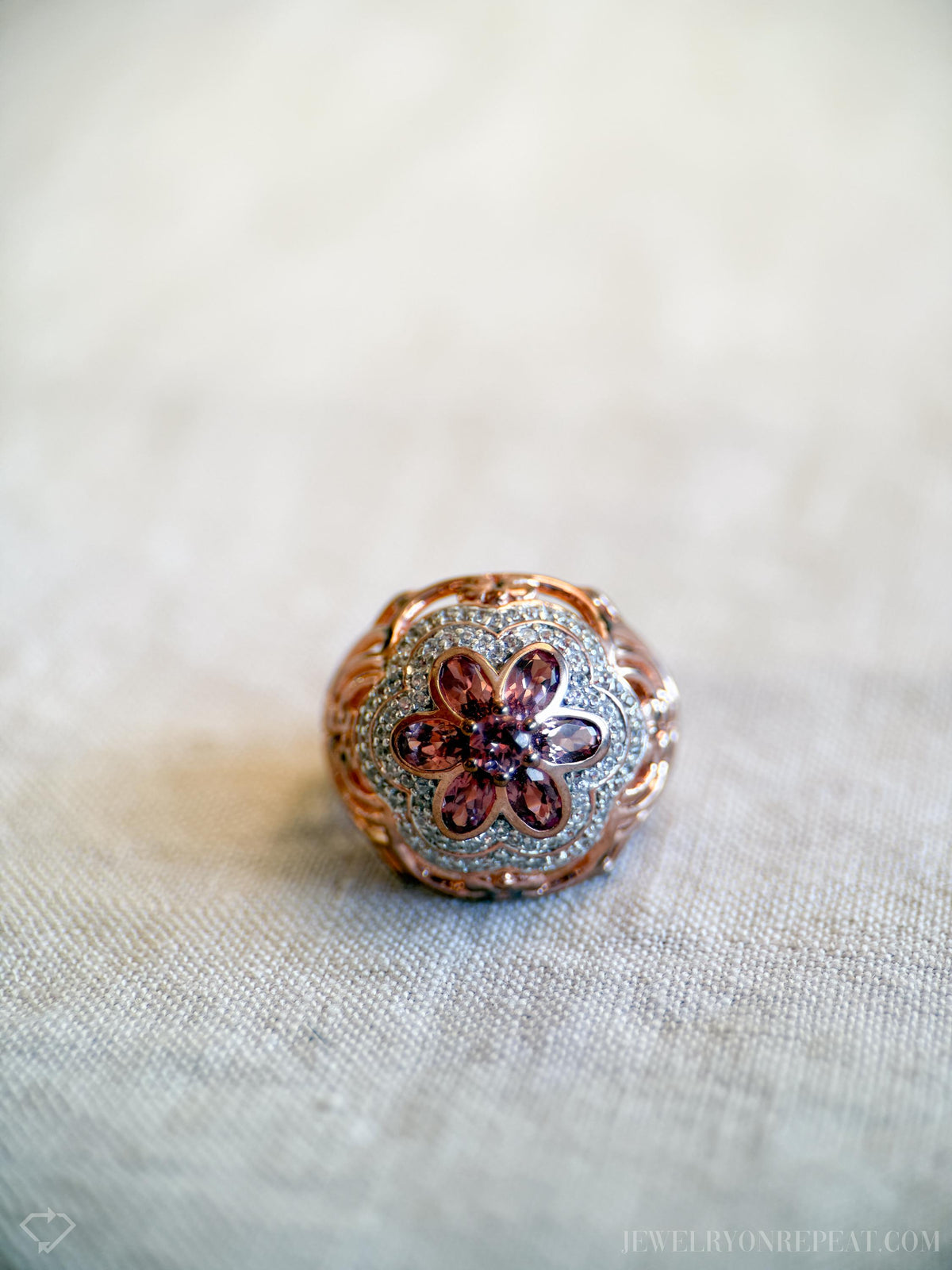 Vintage Floral Tourmaline Ring, Rose Gold Plated Sterling Silver Statement Ring