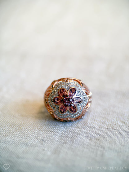 Vintage Floral Tourmaline Ring, Rose Gold Plated Sterling Silver Statement Ring