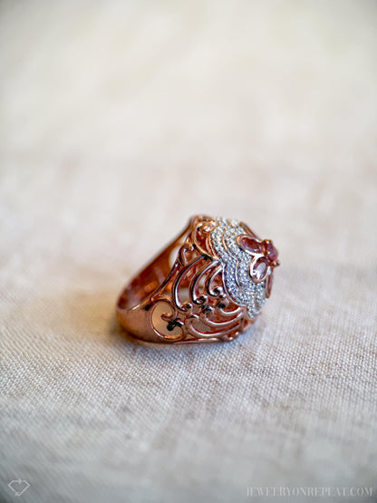 Vintage Floral Tourmaline Ring, Rose Gold Plated Sterling Silver Statement Ring