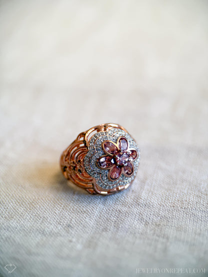 Vintage Floral Tourmaline Ring, Rose Gold Plated Sterling Silver Statement Ring