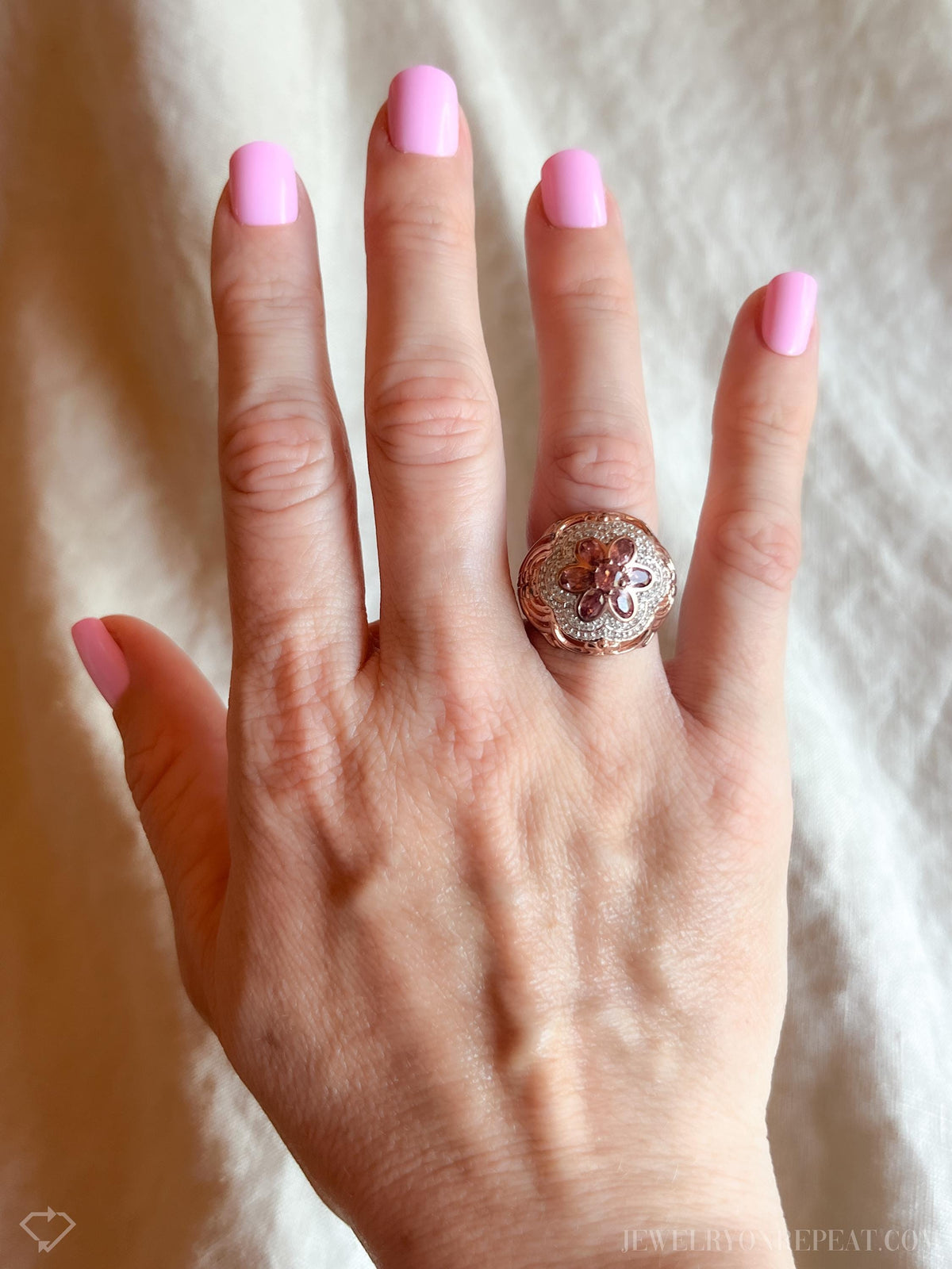 Vintage Floral Tourmaline Ring, Rose Gold Plated Sterling Silver Statement Ring
