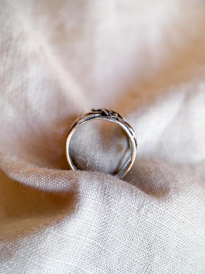 Vintage Sterling Silver Floral Scroll Band, Southwestern Inlay Ring, Boho Statement Jewelry