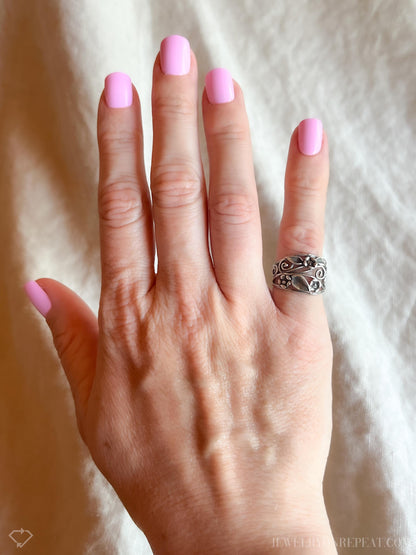 Vintage Sterling Silver Floral Scroll Band, Southwestern Inlay Ring, Boho Statement Jewelry