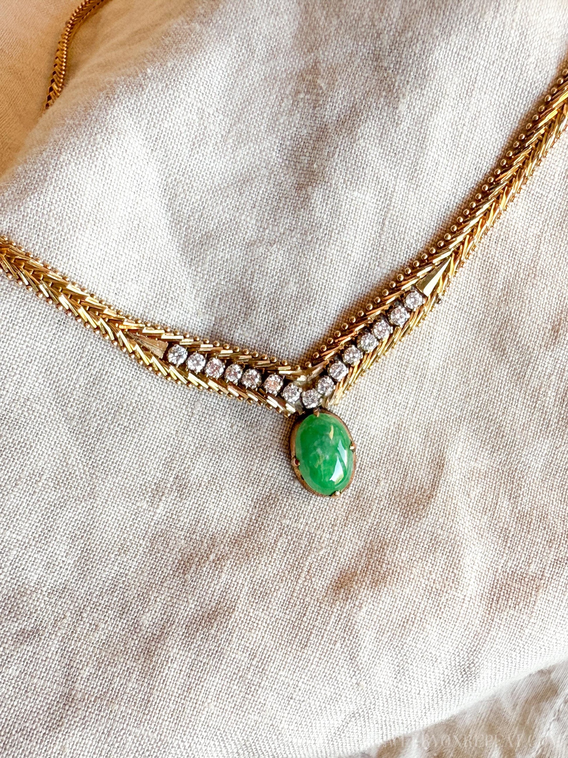 Vintage Jade and Diamond Necklace in 14k Gold