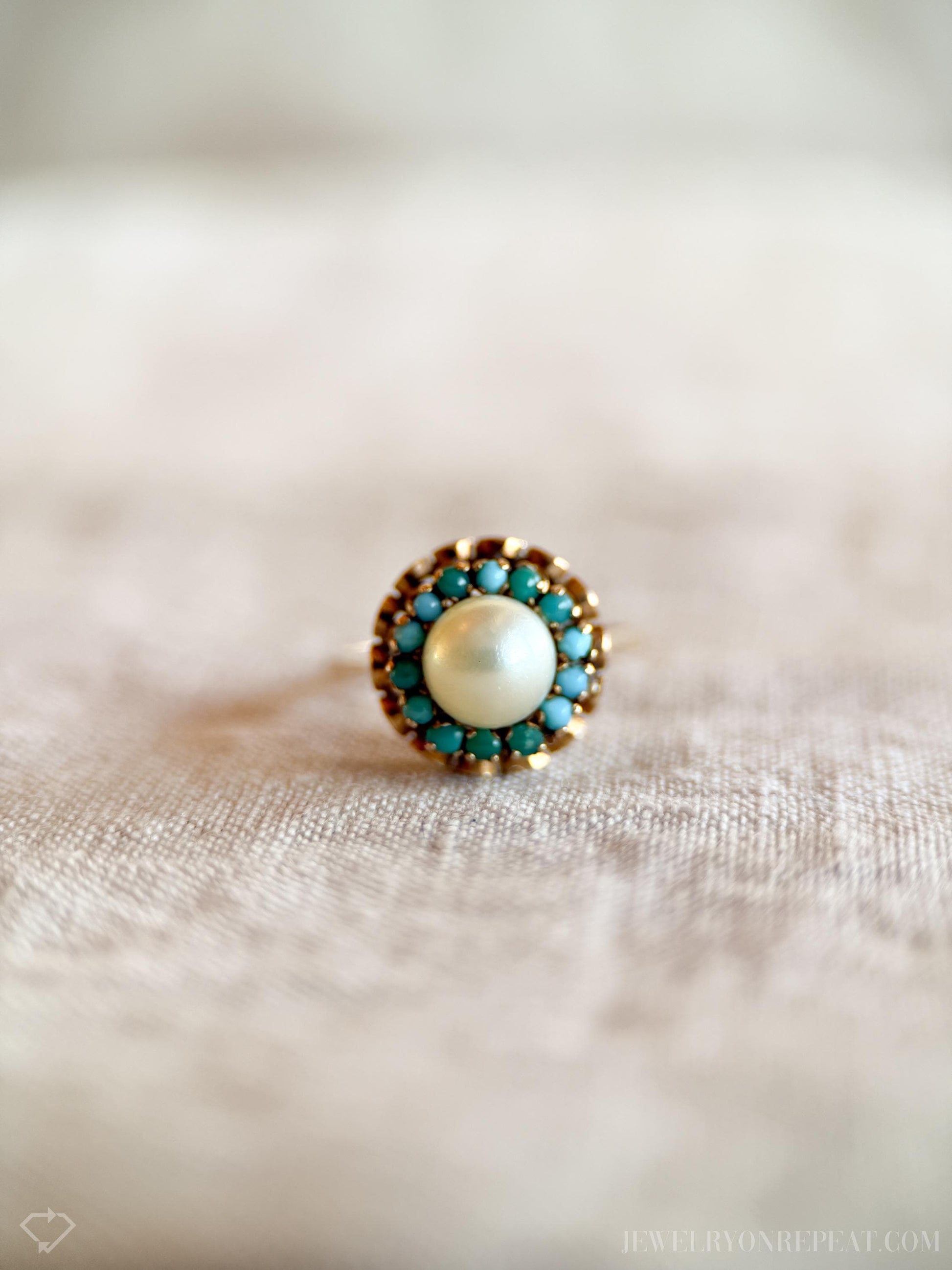 Vintage Pearl and Turquoise Halo Gemstone Ring in 18k Gold