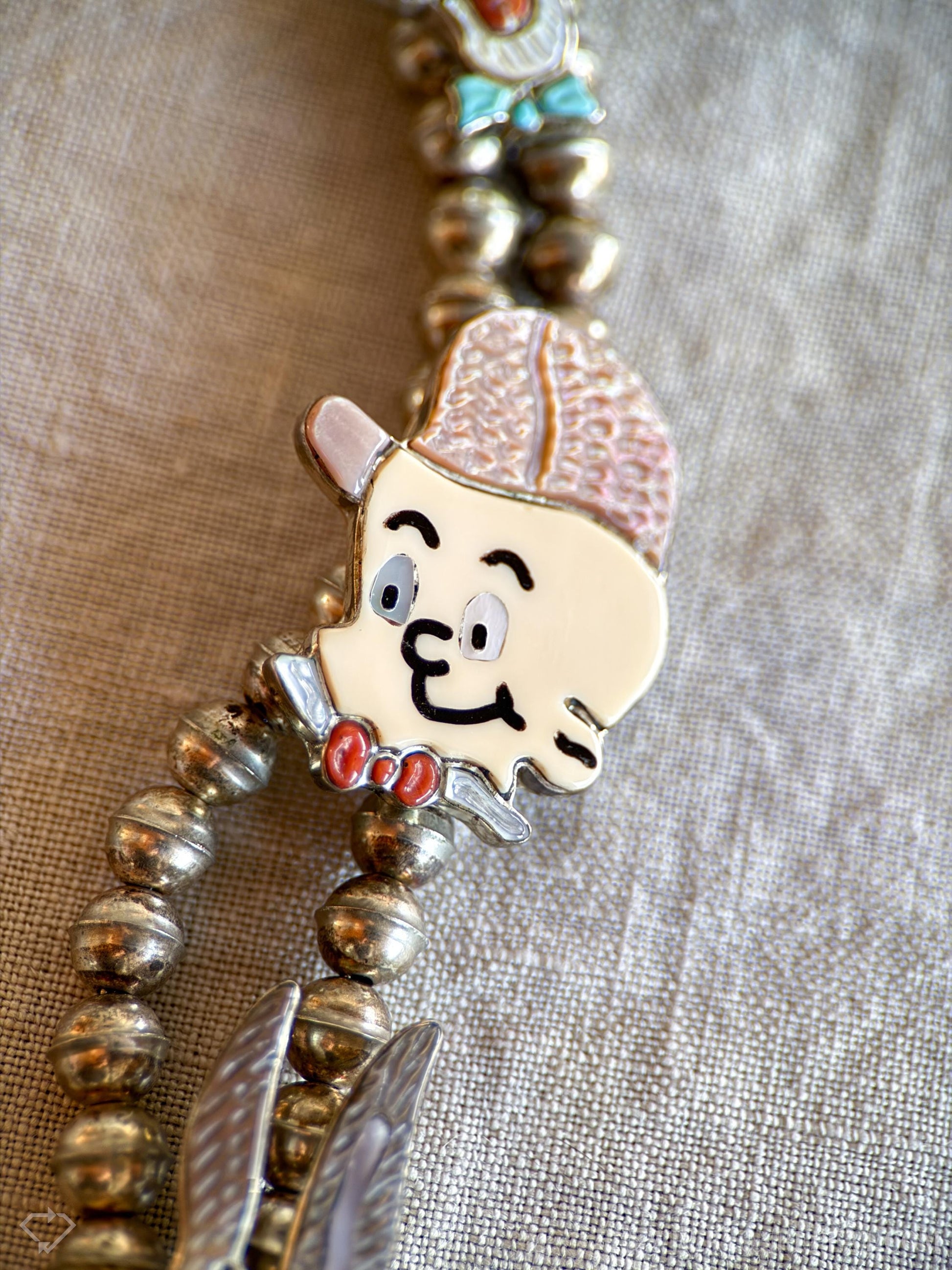 Rare Cartoon Inlaid Gemstone Necklace in 925 Sterling Silver, Vintage Zunitoon from the 1970s