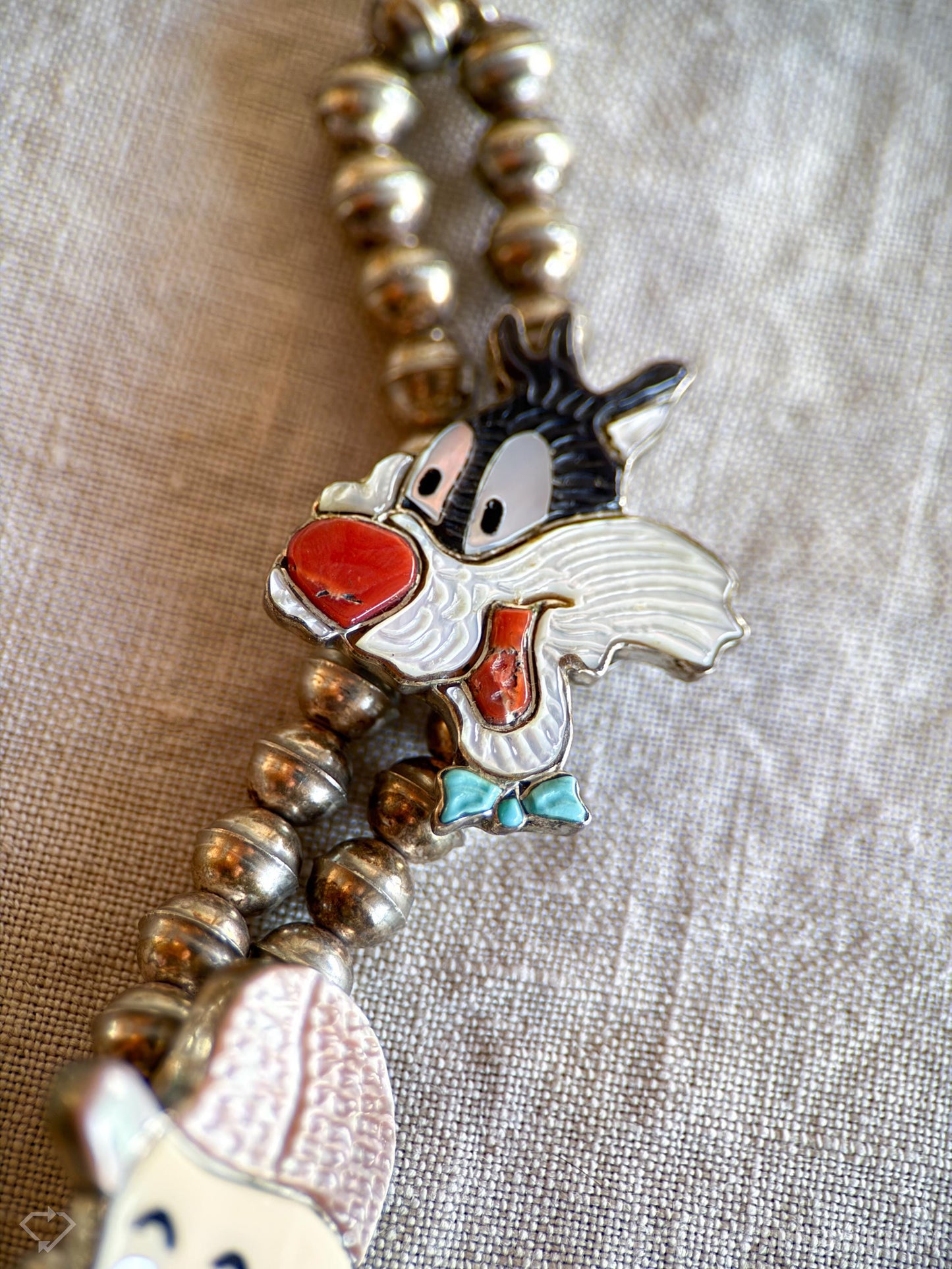 Rare Cartoon Inlaid Gemstone Necklace in 925 Sterling Silver, Vintage Zunitoon from the 1970s